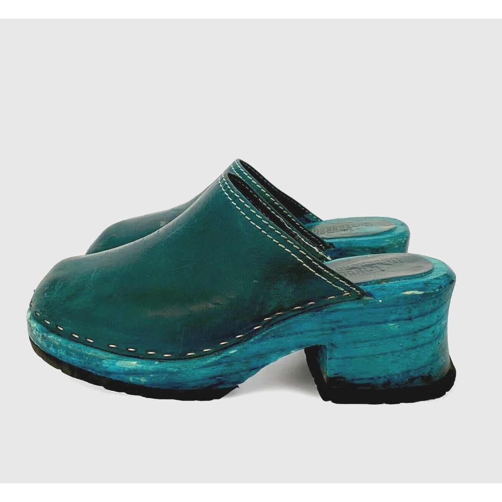 Vintage‎ 90s London Underground Chunky Wood Platform Clog Mules TEAL W 7 Y2K